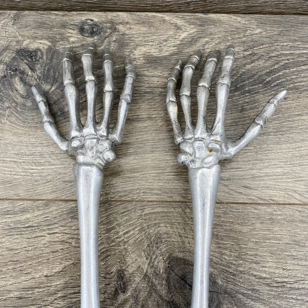 Silver Metal Skeleton Hand Salad Servers Gothic Halloween Decor 13‎ Inch Pair